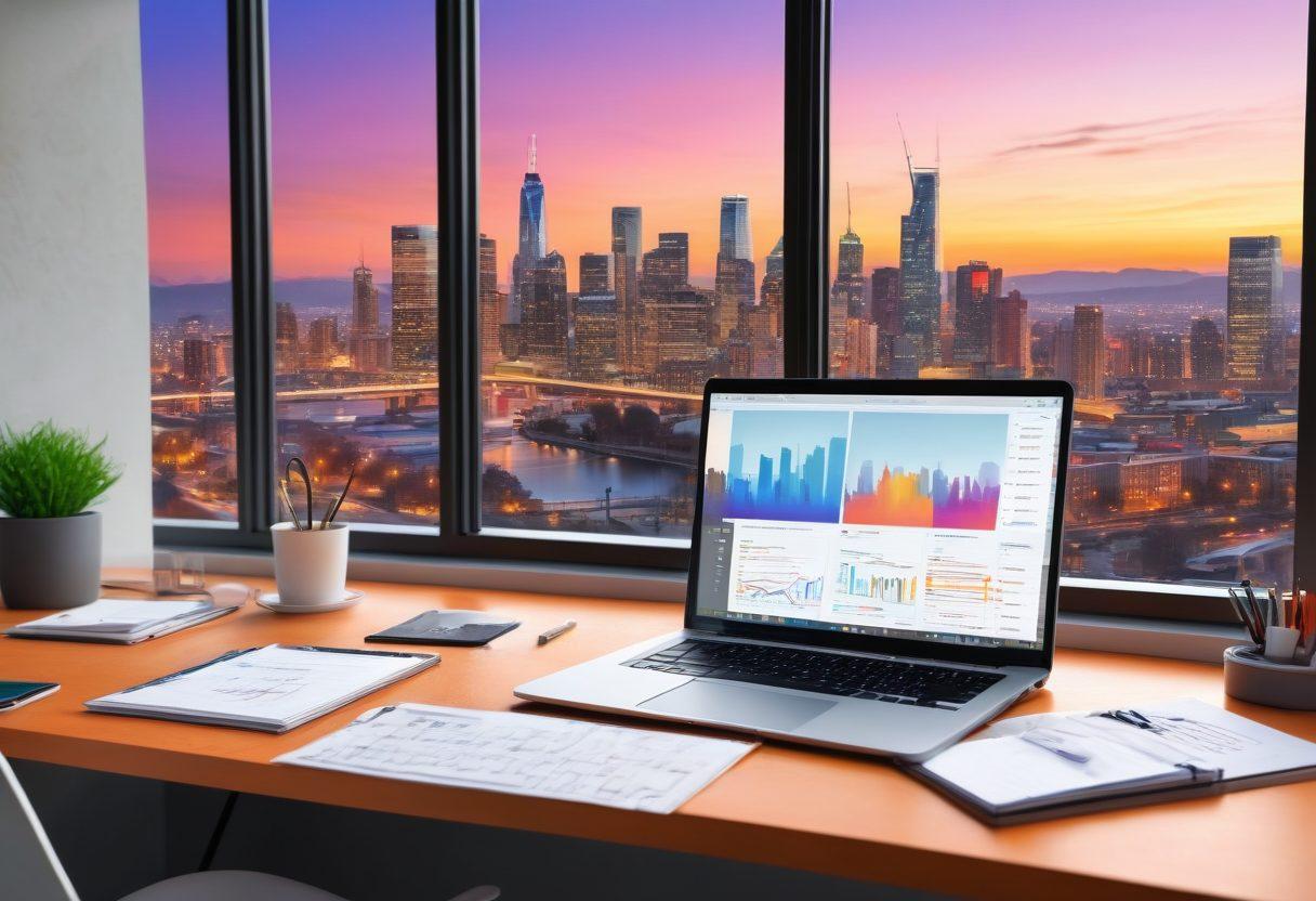A modern blogger's workspace featuring a sleek laptop displaying a dynamic dashboard of analytics, surrounded by notepads filled with innovative ideas. In the background, large windows show a vibrant city skyline symbolizing connectivity and insight. The scene should be filled with vibrant colors and modern design elements, capturing the essence of innovation in blogging. super-realistic. vibrant colors. 3D.
