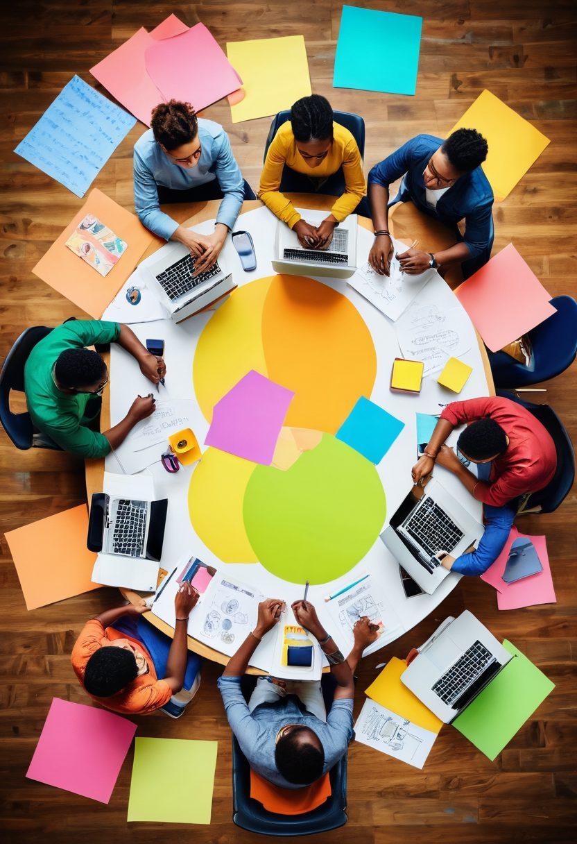A vibrant, inviting scene depicting diverse individuals collaborating around a large round table, sharing ideas on laptops, sketching on paper, and brainstorming with colorful sticky notes. The background features a lively digital atmosphere, symbolizing creativity and community, with uplifting icons representing blogging, such as pens, notebooks, and social media symbols. The lighting is warm and welcoming, emphasizing inclusivity and collaboration. super-realistic. vibrant colors.