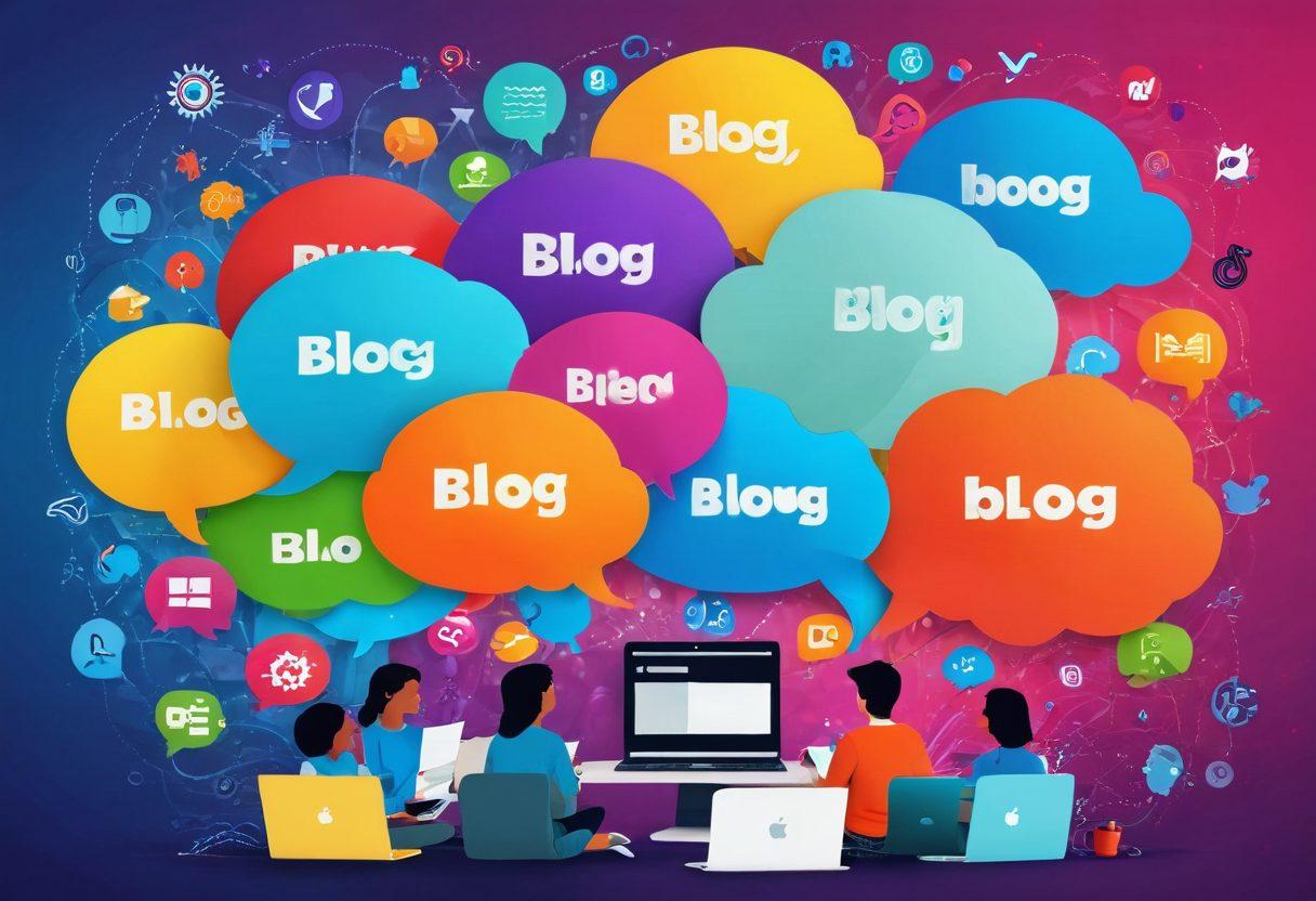 A dynamic digital landscape featuring a vibrant blogging interface with colorful blog posts, interconnected community icons, and people engaging in discussions. The background shows waves of colorful ideas flowing together, symbolizing creativity and collaboration. Include elements such as a glowing blog logo and symbols of community, like speech bubbles and social media icons. The overall atmosphere should be energetic and inviting. super-realistic. vibrant colors. 3D.